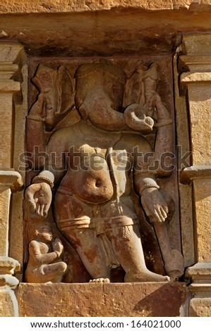 Lord Ganesha sculpture of Vishvanatha Temple, dedicated to Lord Shiva, Western Temples of Khajuraho, Madhya Pradesh, India - UNESCO world heritage site. Popular world tourist destination.