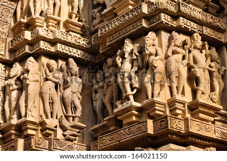 Human sculptures of Vishvanatha Temple, dedicated to Lord Shiva, Western Temples of Khajuraho, Madhya Pradesh, India - UNESCO world heritage site. Popular world tourist destination.