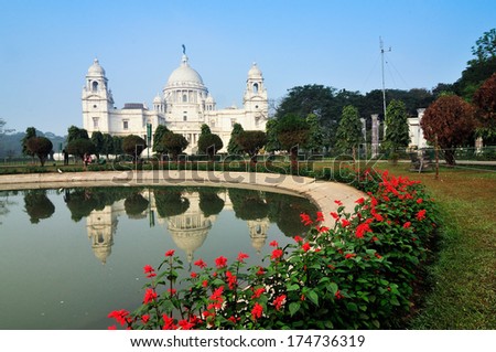 Victoria Memorial, , Kolkata , India - reflection on water. A Historical Monument of Indian Architecture. It was built between 1906 and 1921 to commemorate Queen Victoria\'s 25 years reign in India.