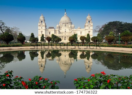 Victoria Memorial, , Kolkata , India - reflection on water. A Historical Monument of Indian Architecture. It was built between 1906 and 1921 to commemorate Queen Victoria\'s 25 years reign in India.