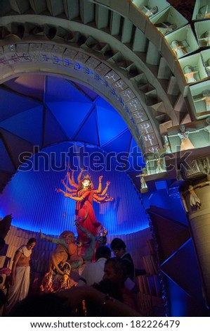 KOLKATA , INDIA - OCTOBER 12, 2013 : Durga Puja festival celebration. It is the biggest religious festival of Hinduism and Bengalis