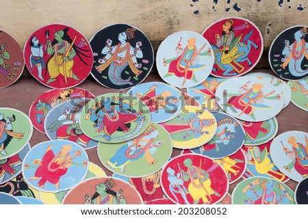 BISHNUPUR, WEST BENGAL / INDIA - OCTOBER 24, 2013: Dashavatara cards. They are famous artwork, depicting ten Avataras of God Vishnu, as mentioned in the Puranas, Hindu religious text.