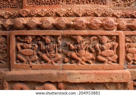 Figurines made of terracotta at Madanmohan Temple, Bishnupur , West Bengal, India .