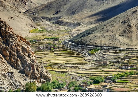 aerial view of ladakh landscape, green valley field with barren mountains around, play of light and shadow on soil, Leh, Ladakh, India