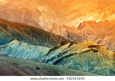 Nice colourful rocks of Moonland, landscape Leh, Jammu Kashmir, India. The Moonland, part of Himalayan mountain, is famous for it\'s rock formation and texture which looks like a part of moon on earth.