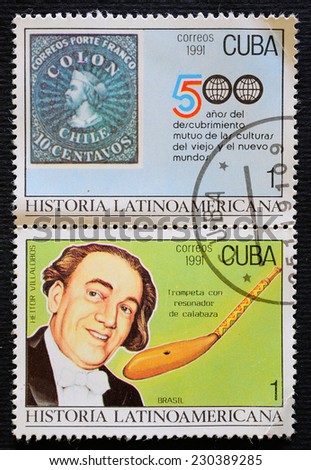 CUBA - CIRCA 1991: A stamp printed in Cuba dedicated to Latin American History, trumpet gourd resonator, Heitor Villalbos, circa 1991