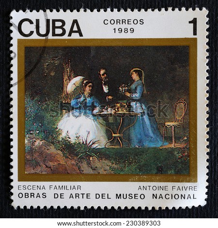 CUBA - CIRCA 1989: A stamp printed in Cuba dedicated to Artwork of the National Museum, family portrait of Anthony Faivre, circa 1989