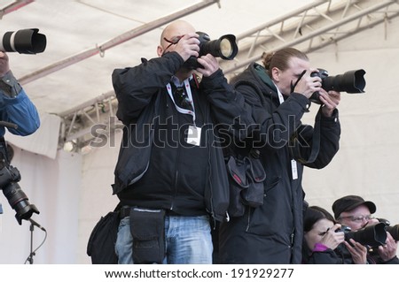 STOCKHOLM, SWEDEN - MAY 1: Party leader Stefan Lofven, Swedish Social Democrats, hold his speech on International WorkerÃ?Â´s Day May 1, 2014 on Norra Bantorget, Stockholm. Press photographers on scene.