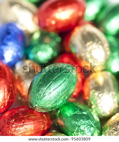 multicolored chocolate eggs close up, chocolate eggs