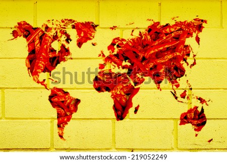 Hot chili in world map and yellow wallpaper background
