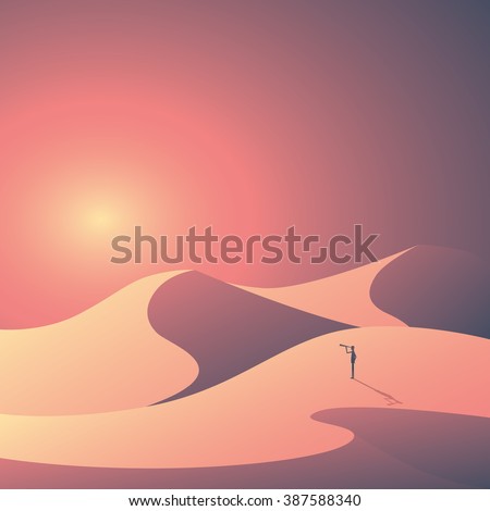 Desert landscape vector background. Natural sand dunes in sunset wallpaper with explorer. Eps10 vector illustration.