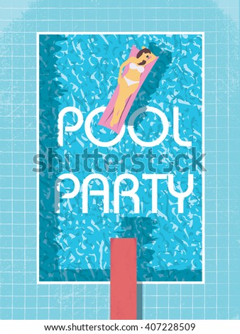 Summer pool party poster template with sexy woman in bikini sunbathing. Summer pool party flyer. Invitation to summer pool party event. Summer holiday pool party vector illustration.