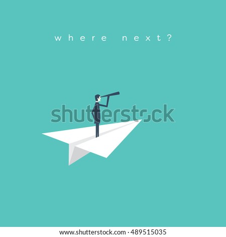 Businessman with monocular on a paper boat as a symbol of business leadership. concept of vision, mission or ambitions. Eps10 vector illustration