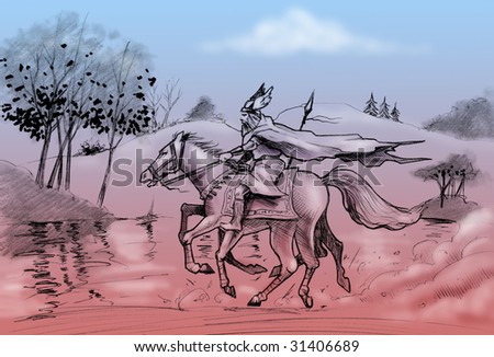 Handmade drawing: god Odin rides his eight legs horse, Sleipnir.