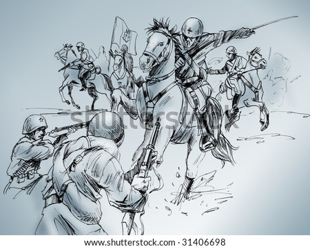 Handmade drawing of a scene of the battle of Isbuscenskij, which took place in 1942 between Russian army and Italian cavalry, who won the fight.
