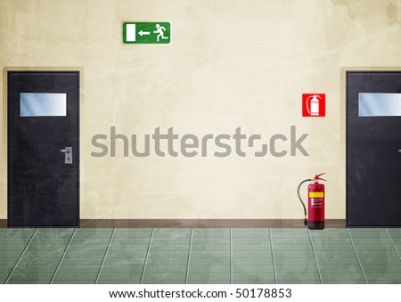 Illustration of a portion of a corridor. There are: two doors, an exit sign and a fire extinguisher. I colored it with a grunge style