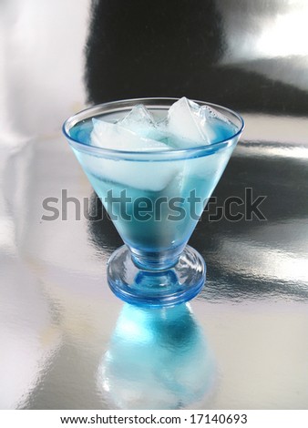 Curacao blue,  liquor of orange with blue artificial  color, on a silver background