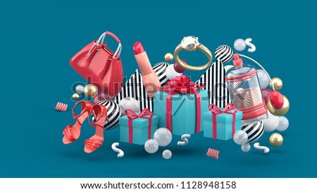 Bag, lipstick, high heels, rings, perfume and gift boxes amid colorful balls on a green background.-3d rendering.
