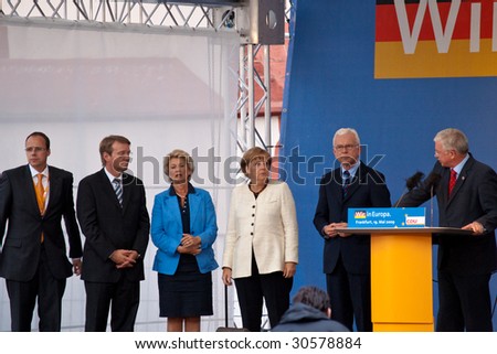 FRANKFURT - MAY 19 : Angela Merkel (3rd from right) ready to deliver her speech for European General Elections May 19, 2009 in Frankfurt.