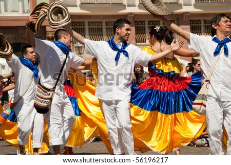 FRANKFURT - JUNE 26. Colombian traditional dance at the Parade der Kulturen. June 26, 2010 in Frankfurt, Germany.