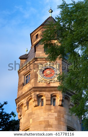 Tower with a clock in the garden of the Liebieghaus museum in Frankfurt am Main, Germany