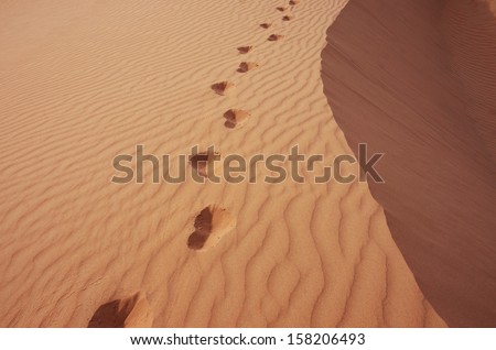 foot step on sand dune, Sahara desert, Morocco