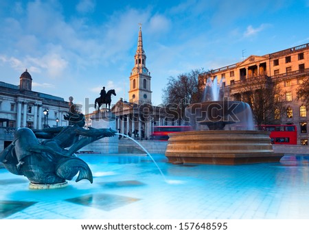 LONDON - APRIL 30: Fountains on Trafalgar Square on April 30, 2013 in London. The capital of UK is one of the most popular tourist attraction on Earth, with more than fifteen million visitors a year
