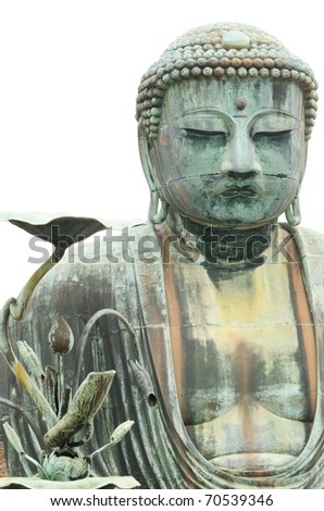 Japan, Kamakura, Great Buddha statue; three quarters view of head and torso; isolated on white