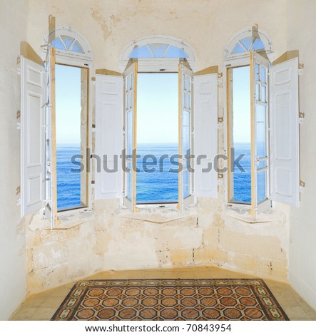 Three bay windows (erker) in traditional house on Sliema promenade overlooking the Mediterranean See. Malta