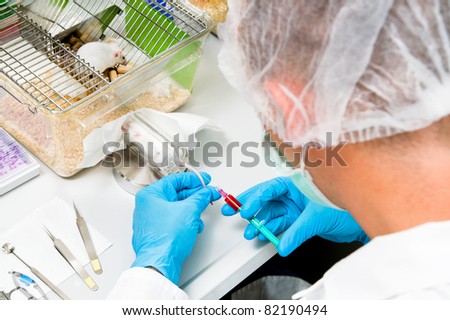 Researcher in lab coat and protective makes injection into mouse tail