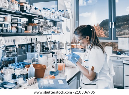 Young scientist works in modern biological lab, toned image