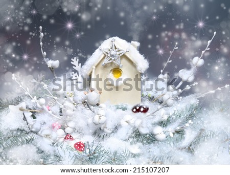 Winter fairy tale with dark abstract background, text space