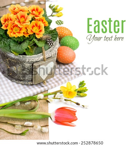 Easter border with primrose, spring flowers and natural decorations on white background, space for your text