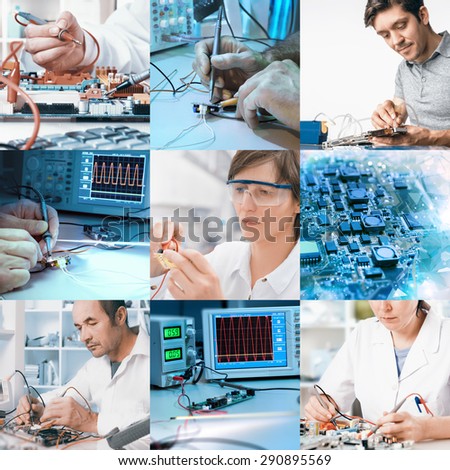 Electronics repair and assembly, workers and hands. Set of nine pictures for your website or leaflet