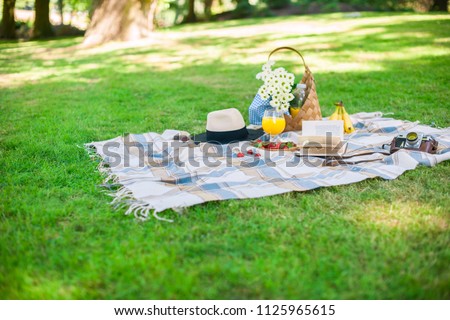 Happy sunny day at a picnic in the park. Flowers, fruits, drinks, a hat, a basket and a blanket. Copy space,