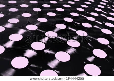 Music - Vinyl records. Collection of vinyl records, duo tone, angle view. The labels can be customized, the image is suitable for background use.