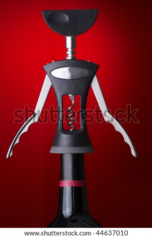 A corkscrew sits on a wine bottle.
