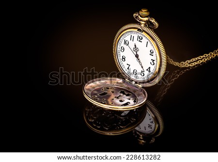 Vintage gold copper pocket clock on black background
