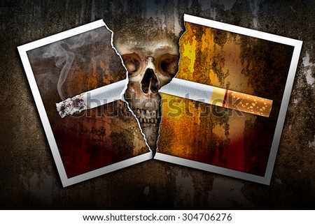 Damage tear a burning cigarette photo paper on the human skull background in concept of stop and no smoking because of bring to die
