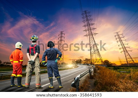 Engineer safety survey of the electricity pylon on sunrise time