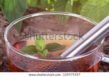 Lemon balm on the tea with a tea strainer