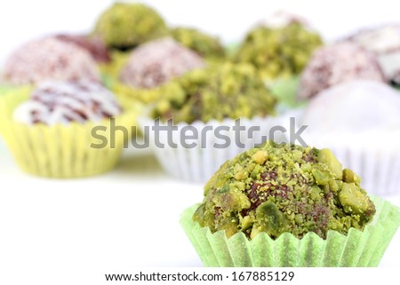 Pralines, chocolate truffles with pistachio