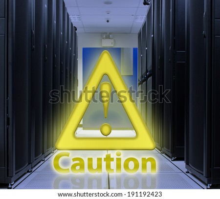 Server Room With Caution popup ; Security concept