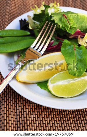 A Lite Salad with a mixture of greens, sugar snap peas, lemon and lime on a white salad plate and designer  placemat.