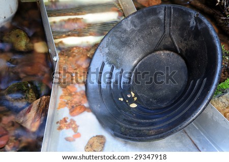 Black plastic gold pan with 6 gold nuggets inside a sluice box with some water flowing through it.