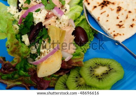 Tuna salad on a bed of Red Leaf Lettuce with Artichoke hearts, Kalamata olives, red onions and Feta Cheese, Kiwi slices and pita bread served on a turquoise colored plate