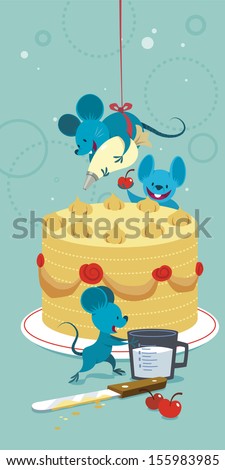 Three little mice decorating a cake.