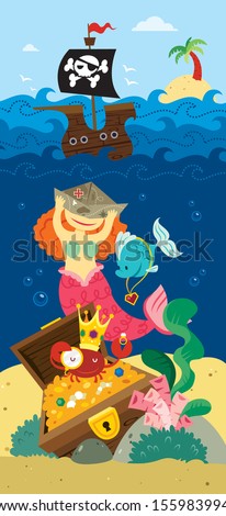 A mermaid playing under the sea with treasure chest.