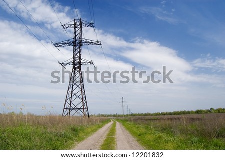 Landscape: road,  field, clouds and electric column