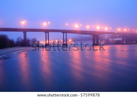 The Voroshilovsky bridge. Rostov-on-Don. Winter. A fog. Night